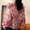 Шифоновая рубашка с оборками по краям и рукавами-фонариками для женщин. Шифоновая рубашка с длинными рукавами и цветочным принтом для женщин на весну и лето.