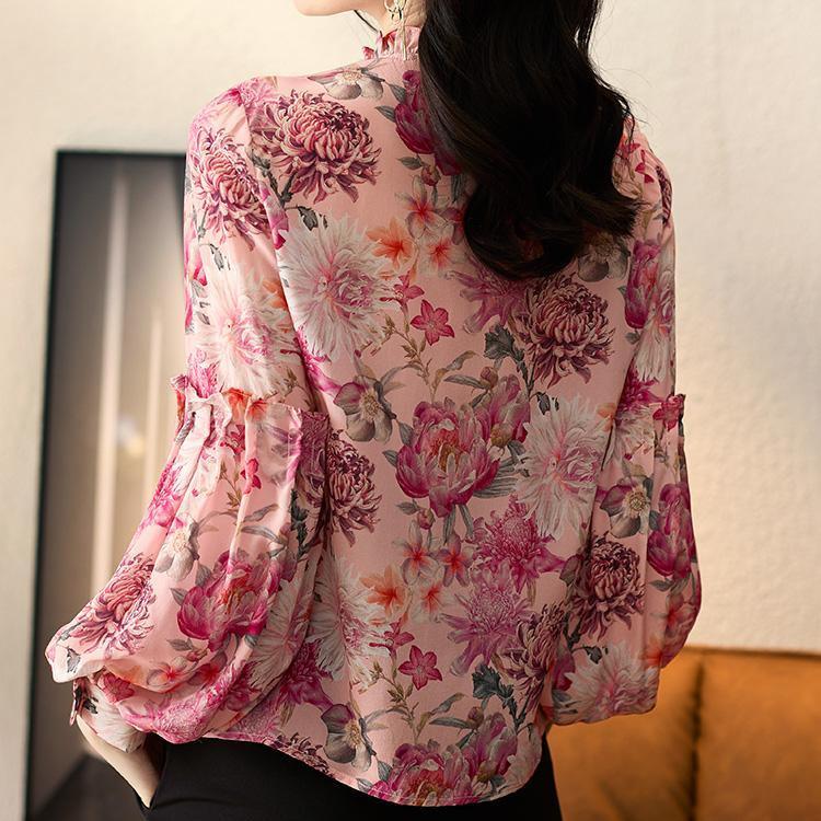 Шифоновая рубашка с оборками по краям и рукавами-фонариками для женщин. Шифоновая рубашка с длинными рукавами и цветочным принтом для женщин на весну и лето.