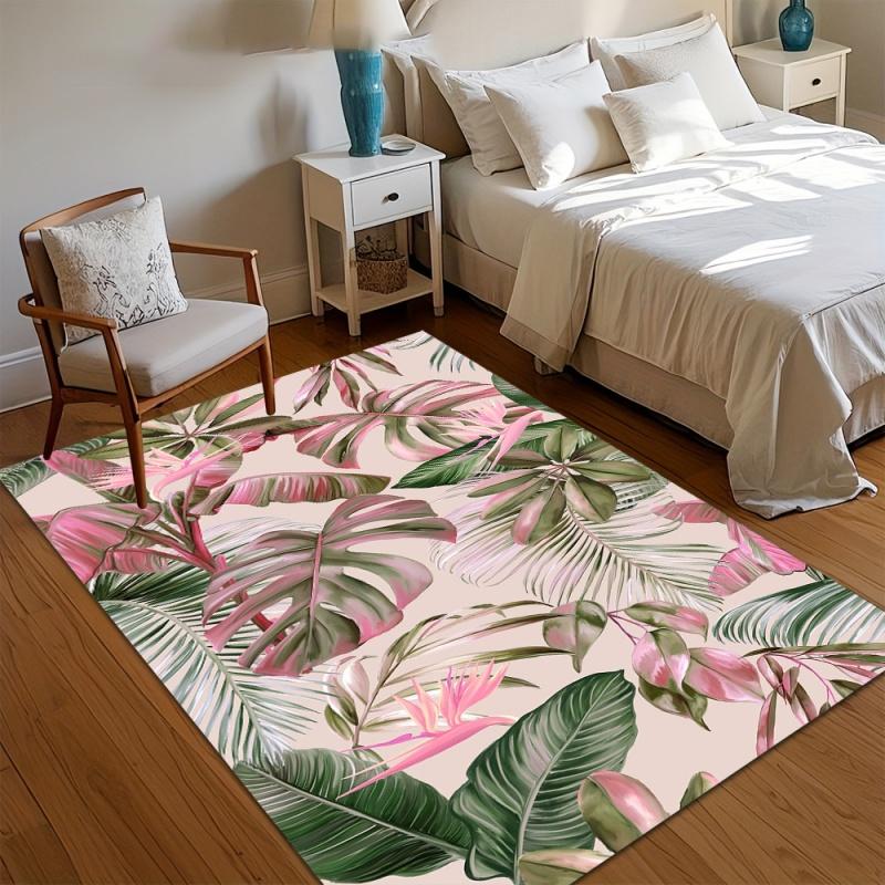 Boho Gradient Hibiscus Palm Leaf Area Rug Tropical Flower Banana Foliage Print Non Slip Carpet Bedroom Coastal Vacation Decor