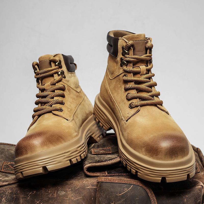 Мужские осенне-зимние ботинки хай-топ из натуральной кожи, плюшевые уличные рабочие ботинки желтого цвета в британском стиле