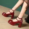 Fashion French Burgundy Mary Jane Shoes Women's Round Toe Chunky Heel Single Shoes High Heel Platform Sandals Patent Leather Size35 40