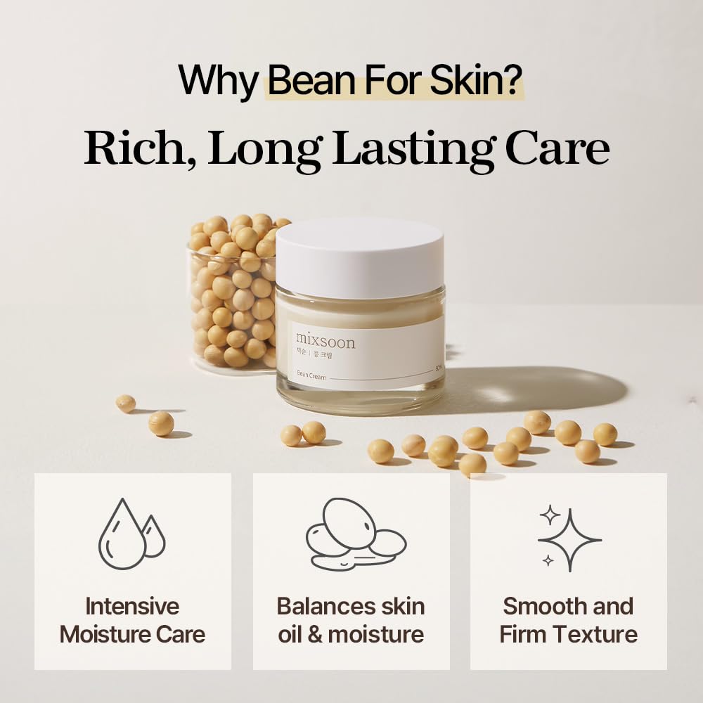 mixsoon Bean Cream 50 мл - Интенсивный увлажняющий крем для лица для гладкой, питательной кожи, ухода за порами и кожным салом - Корейский уход за кожей для стеклянной кожи
