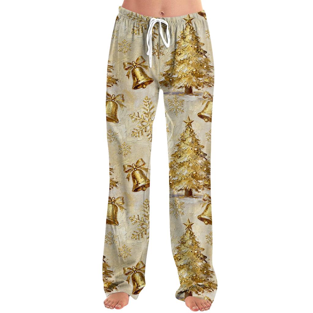 Ladies' Loose And Casual Christmas Printed Wide Leg Pants With Elastic Waistband Drawstring And Pocket Pants