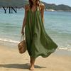 Women Beach Dress Women's Spaghetti Strap Sundress, Summer Sleeveless V Versatile Holiday Neck Cami Dress, Loose Flowy Vacation Long Comfortable