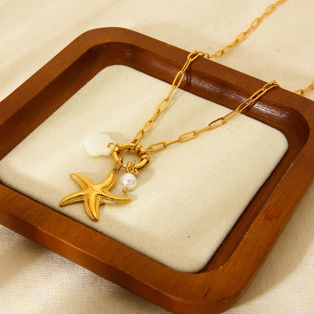 ins Ocean Wind Stainless Steel Starfish Scallop Imitation Pearl Pendant Necklace Women's Plated 18k Gold Paper Clip Chain