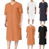 Men V-neck Short Sleeve Casual Nightgown Patch Pocket Solid Color Mid-calf Length Sleep
