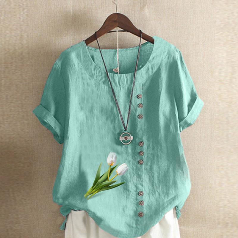Women's Fashion Round Neck Short Sleeve T-shirt Casual Cotton Linen Graphic Shirt Leisure Loose Tulips Prined Summer Blouse Tops