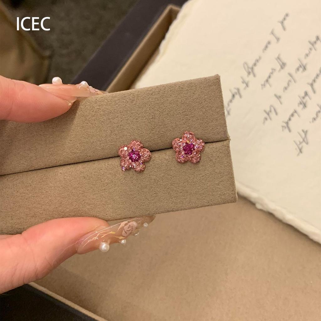 Sweet Flash Full of Diamonds, Small Pink Flower Stud Earrings, Simple, Fashionable and Versatile, Cute and Delicate Earrings for Women