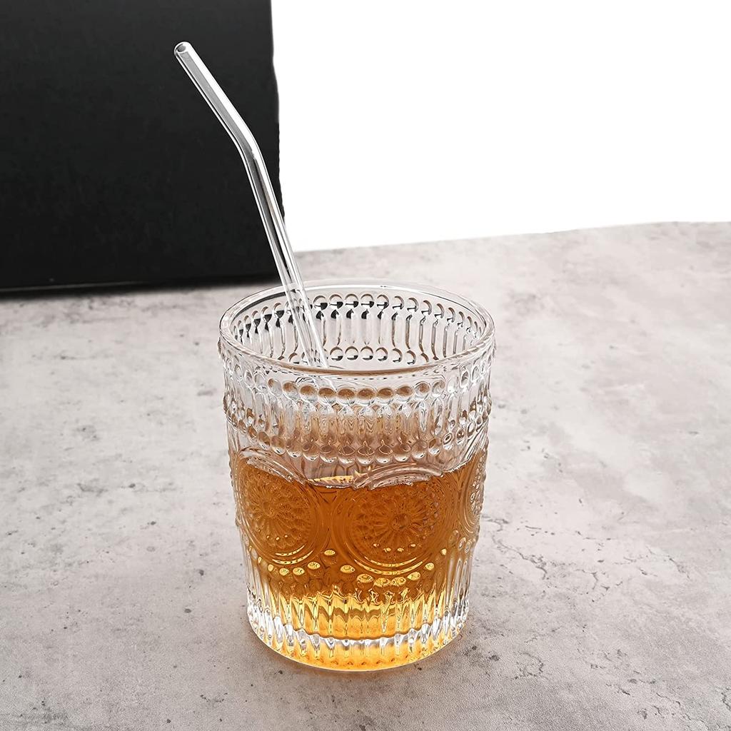 Кружка с тиснением, стеклянная чашка на 10 унций с набором соломинок, посуда для ежедневного использования, ретро сок, напиток, вино, чай, молоко, кофе, чашка, стеклянная посуда