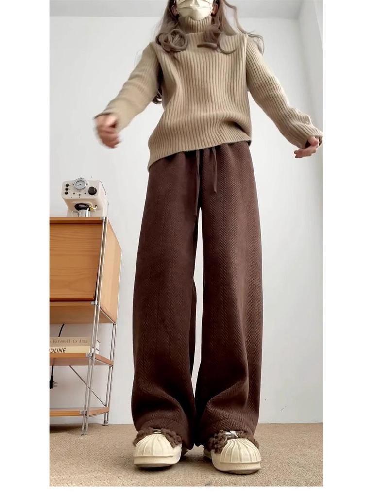 Женские широкие брюки кофейного цвета с высокой талией — универсальный вариант для весны, осени и зимы, с отделкой из бархата, свободный крой, повседневный драпированный стиль.