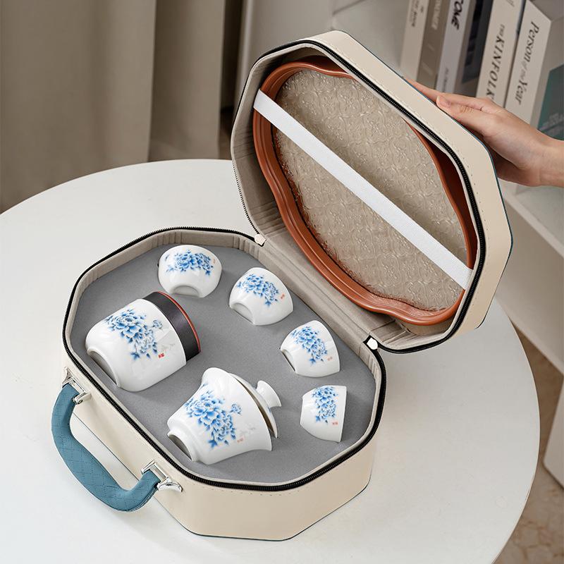 Outdoor Kuaike Ceramic Travel Tea Set One Pot Four Cups Dehua Suet Jade Guochao Tea Ware Business Gifts