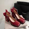 Fashion Square Heel High Heels PU Square Toe 2024 High Quality Buckle Women's Shoes Party Autumn Classic High Heels Red Bow