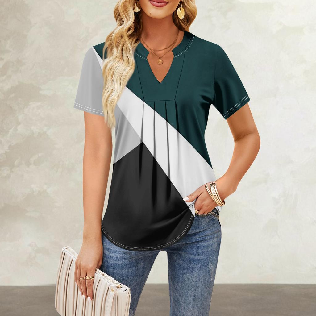 Women's Short Sleeve Casual V-neck Chest Pleated Printed Loose T-shirt Top