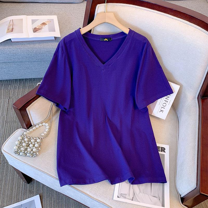 Женская футболка больших размеров летняя хлопковая с коротким рукавом свободная с V-образным вырезом