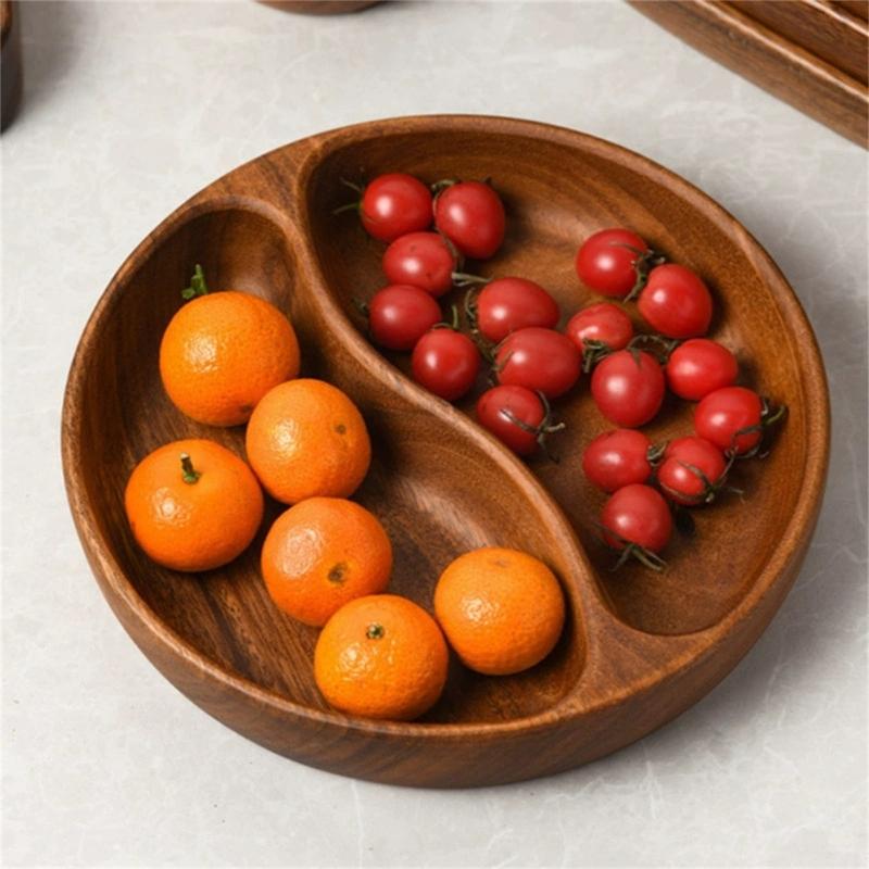 Wood Divided Serving Tray Appetizer Platter Snacks Tray with Dining Grid Round Serving Dishes Nut Holder Platters