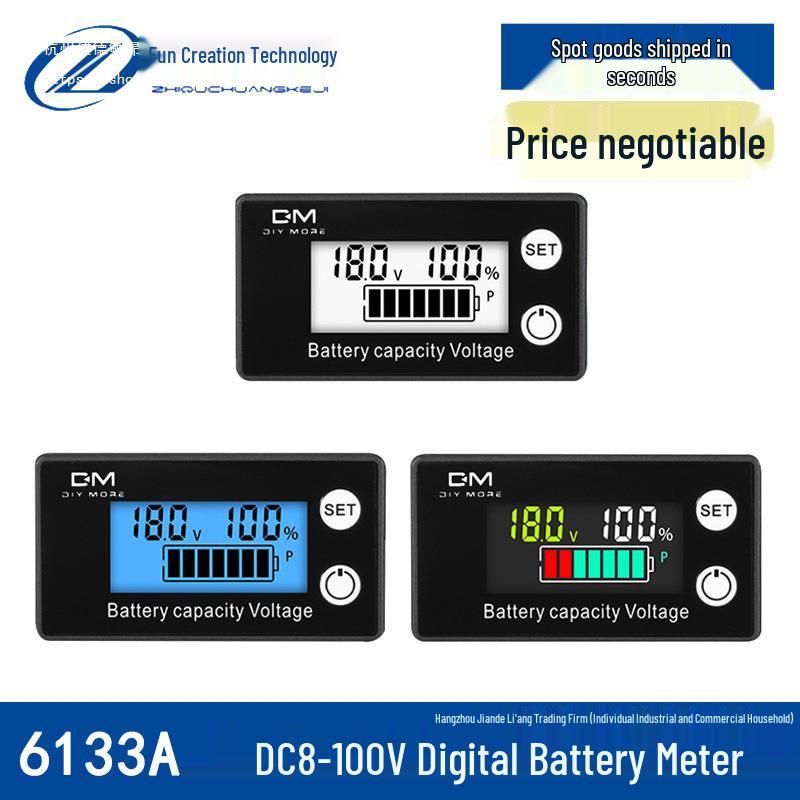 6133A LCD Digital Battery Level Voltmeter for Lead-acid & Lithium Batteries, 2-wire, DC8-100V.