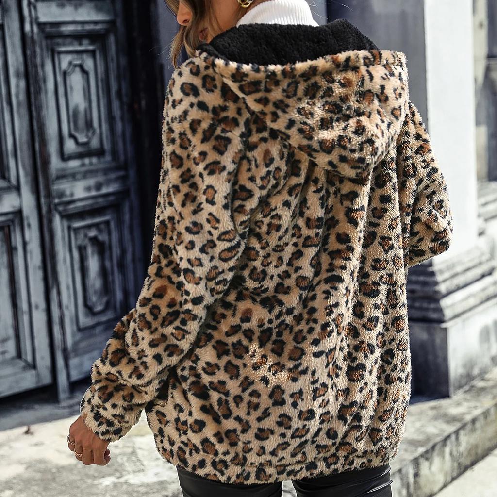Autumn and Winter Women's Hooded Long Sleeved Leopard Print Double Sided Velvet Loose Casual Coat High Quality Unique