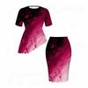 Женский Комплект из Двух Предметов Большого Размера Красный Черный с Принтом Круглый Вырез Короткий Рукав Асимметричный Топ Облегающая Юбка