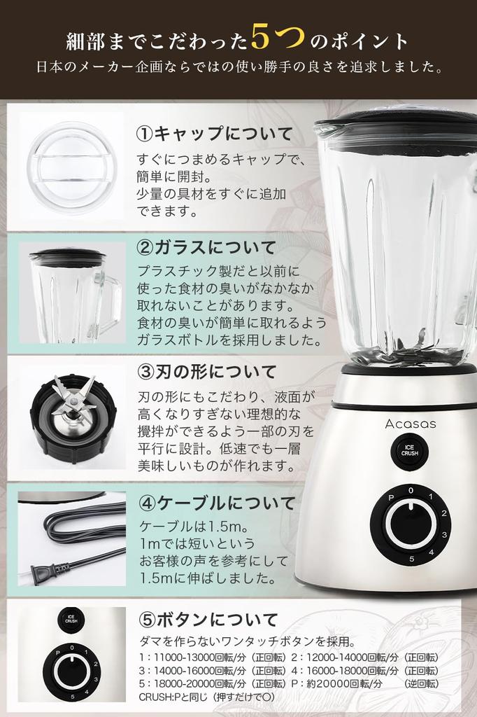 Acasas Professional Juicer That Allows You To Make Variable Speed 500W High Power That Can Crush 1500ml Large Capacity Glass Bottle Smoothies, 5-speed