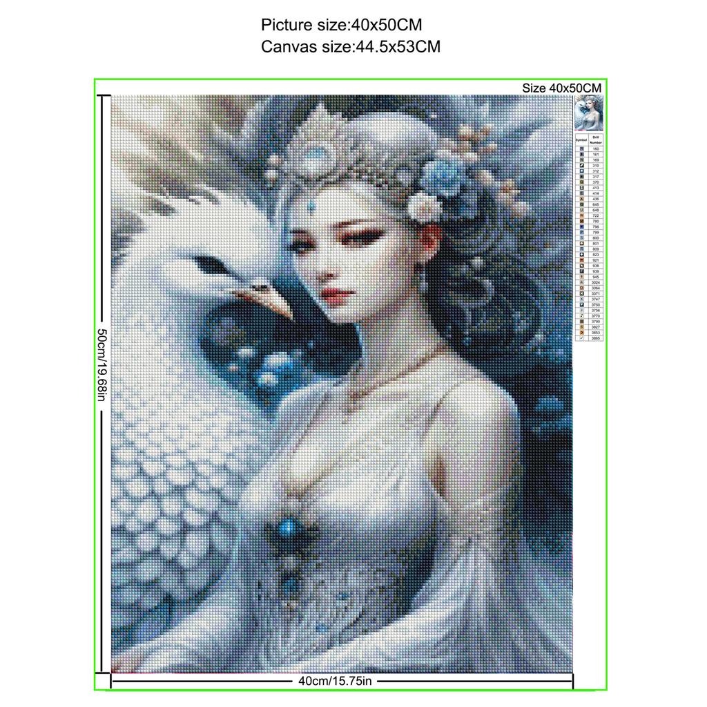 White Peacock and Girl 5D Full Round Diamond Painting Kits Zen Art Buddhist Sculpture DIY Drills Mosaic Embroidery Cross-stitch J3954