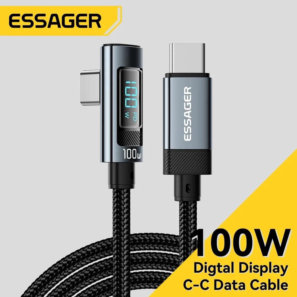 Essager PD100W Кабель USB Type C к USB C 5A Кабель для быстрой зарядки 90 ° Светодиодный кабель цифрового дисплея для Huawei Xiaomi Samsung MacBook