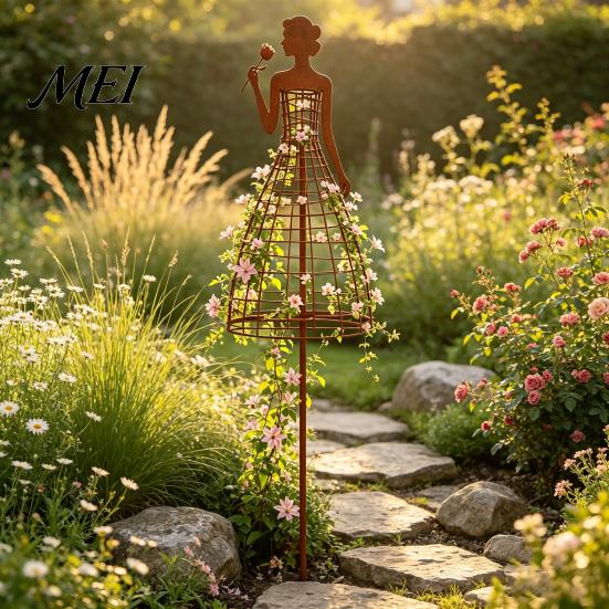Black Iron Lawn Ornament Vintage Metal Lady Trellis, Girl Shaped Garden Plant Support Stake, Outdoor Climbing Trellis Flower Vine Decorative Yard Art