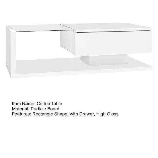 LED Coffee Table High Gloss Glass Center with Drawer Opening Living Room Shelf Easy Assembly Rectangle Shape Tea Home Furniture
