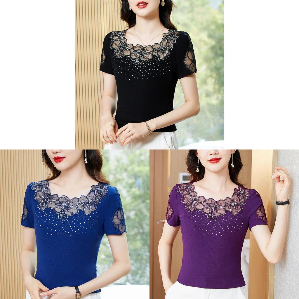 Cotton Short Sleeve T Shirt For Women With Embroidered Lace And Round Neck For Summer Casual Wear