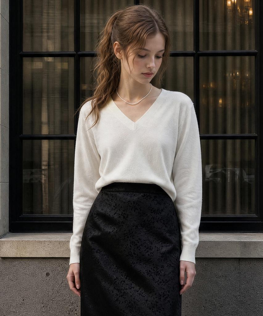 STAY WITH ME Wool Blend V-Neck Knit_Ivory