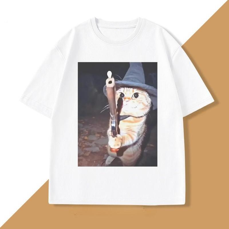 Funny Cat With Gun TShirt Magic Cat T Shirt Vintage Harajuku Short Sleeve Tee Casual ONeck Tee Shirts Streetwear Top