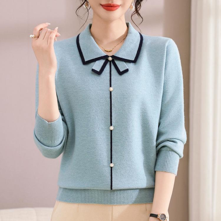 Mom's Autumn Clothes New Early Autumn Lapel Sweater Spring and Autumn Long-sleeved Knitted Bottoming Shirt Women's Top