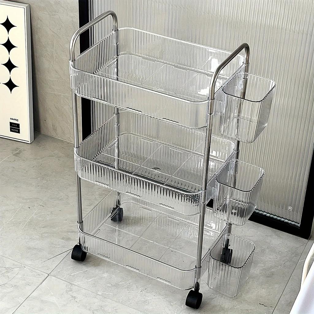 3Tier Clear Storage Cart with Wheels: Multifunctional Rolling Organizer for Home and Office, Ideal for Bedroom, Living Room