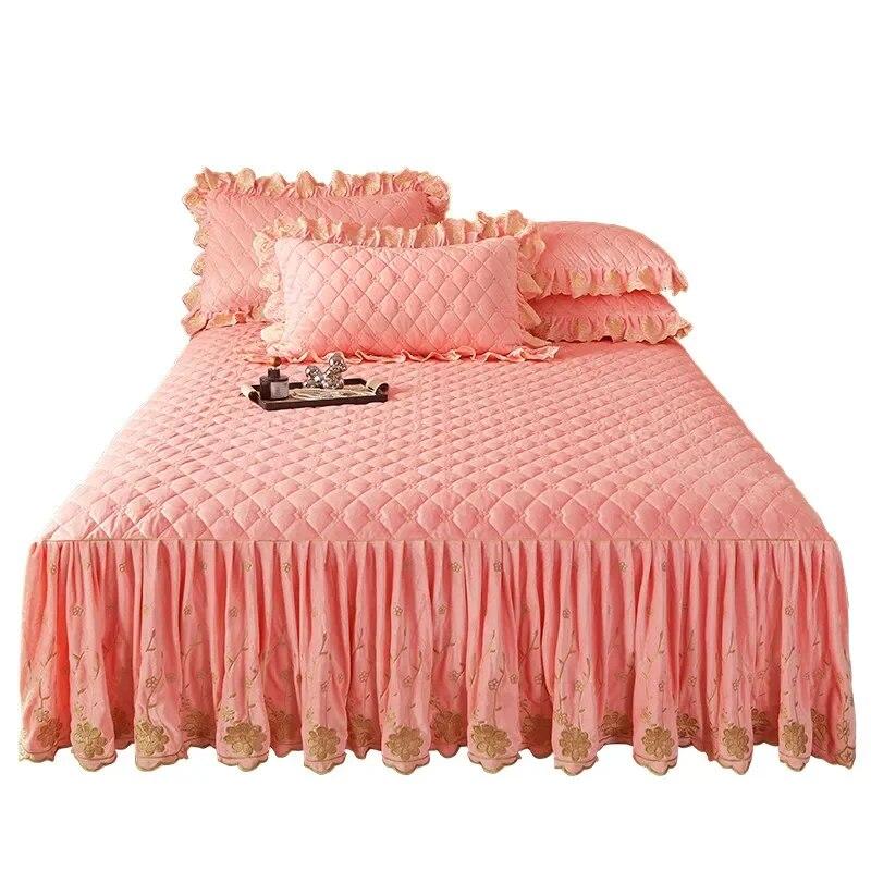 Стеганое покрывало с цветочной вышивкой, плотная бархатная юбка-кровать, роскошная мягкая юбка с 2 подушками, дропшиппинг Queen King