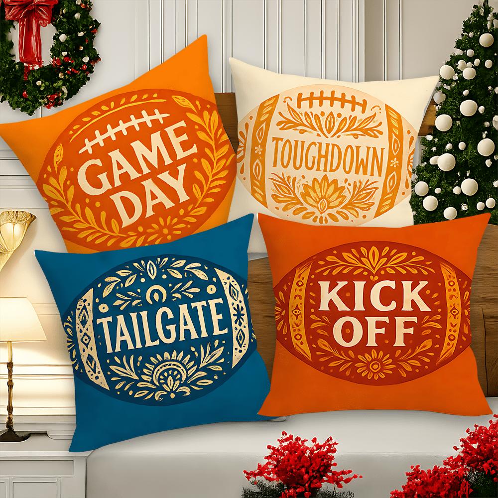 Football Game Day Pillow Covers, Boho "Toughdown" "Kick Off" Art Decorative Throw Pillow Cases, Sports Home Decor Cushion Covers