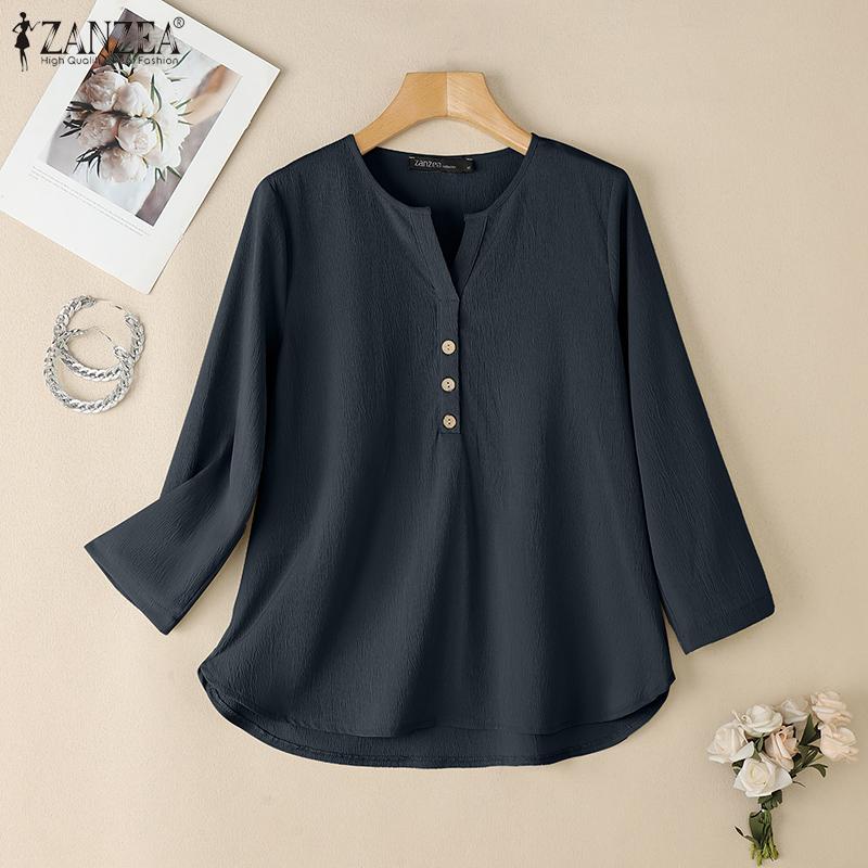 ZANZEA Женская повседневная блузка с V-образным вырезом и рукавом 3/4, свободного кроя, тонкая