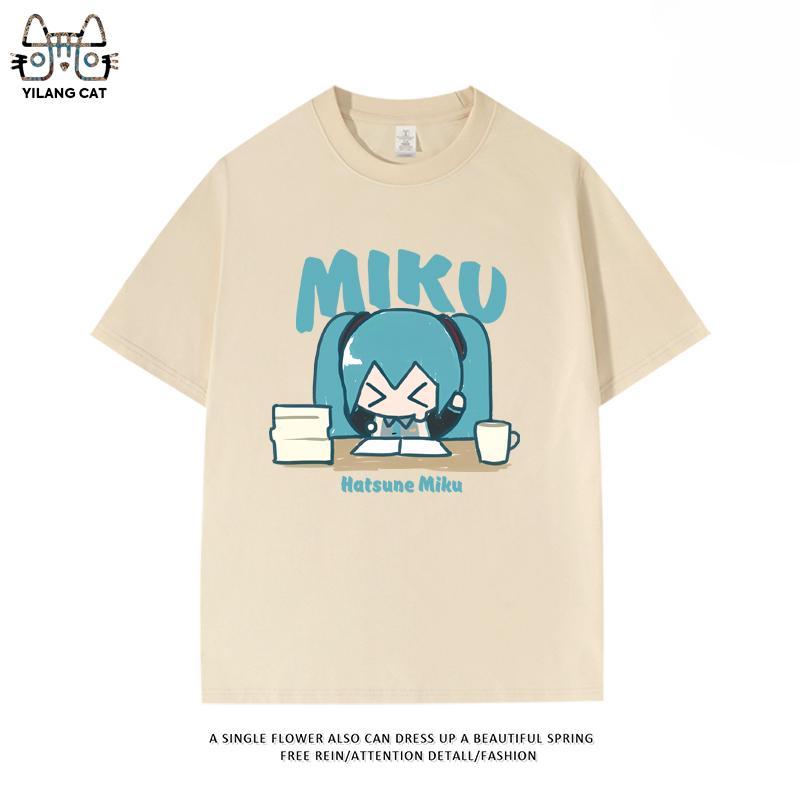 Футболка с вторичным паттерном Hatsune Miku, летняя, мужская и женская, высококачественная, 100% хлопок, повседневная, в стиле Харадзюку, свободная