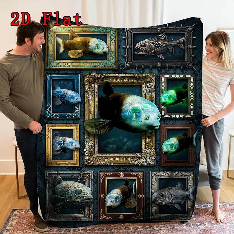 Fish Collection 2D Flat Pattern Flannel Blanket, High quality All Seasons, Home Decor, Warmth and Comfort, Perfect for Christmas Gifts.