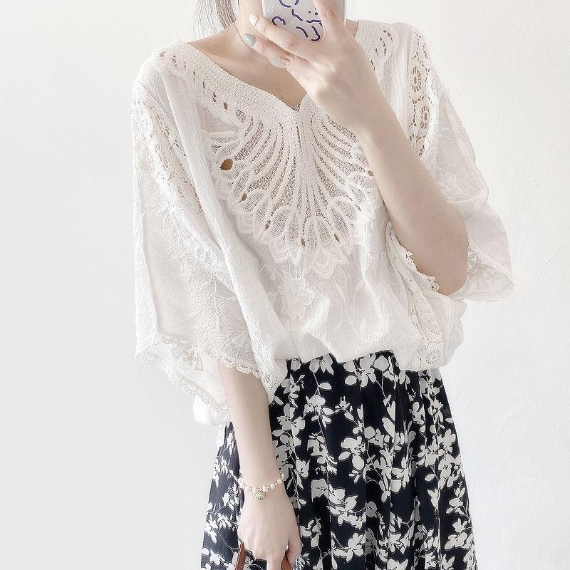 DIMANAF 2025 Летняя женская футболка с V-образным вырезом и принтом «летучая мышь», базовые кружевные новые модные топы, кружевные футболки, повседневные свободные футболки