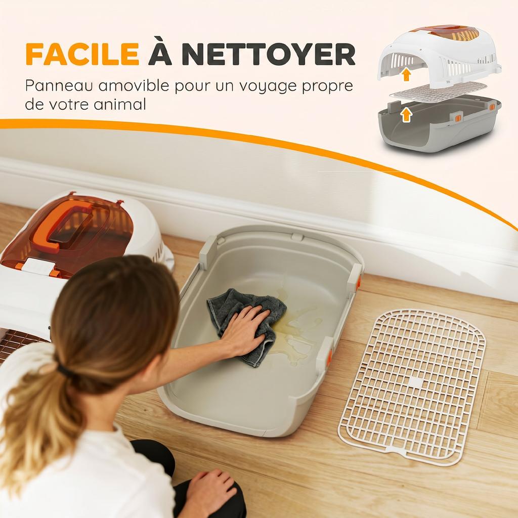 Cat and Dog Carrier, Cage with Steel Door, Food Bowl, 49 x 32 x 31 cm, Grey and Cream