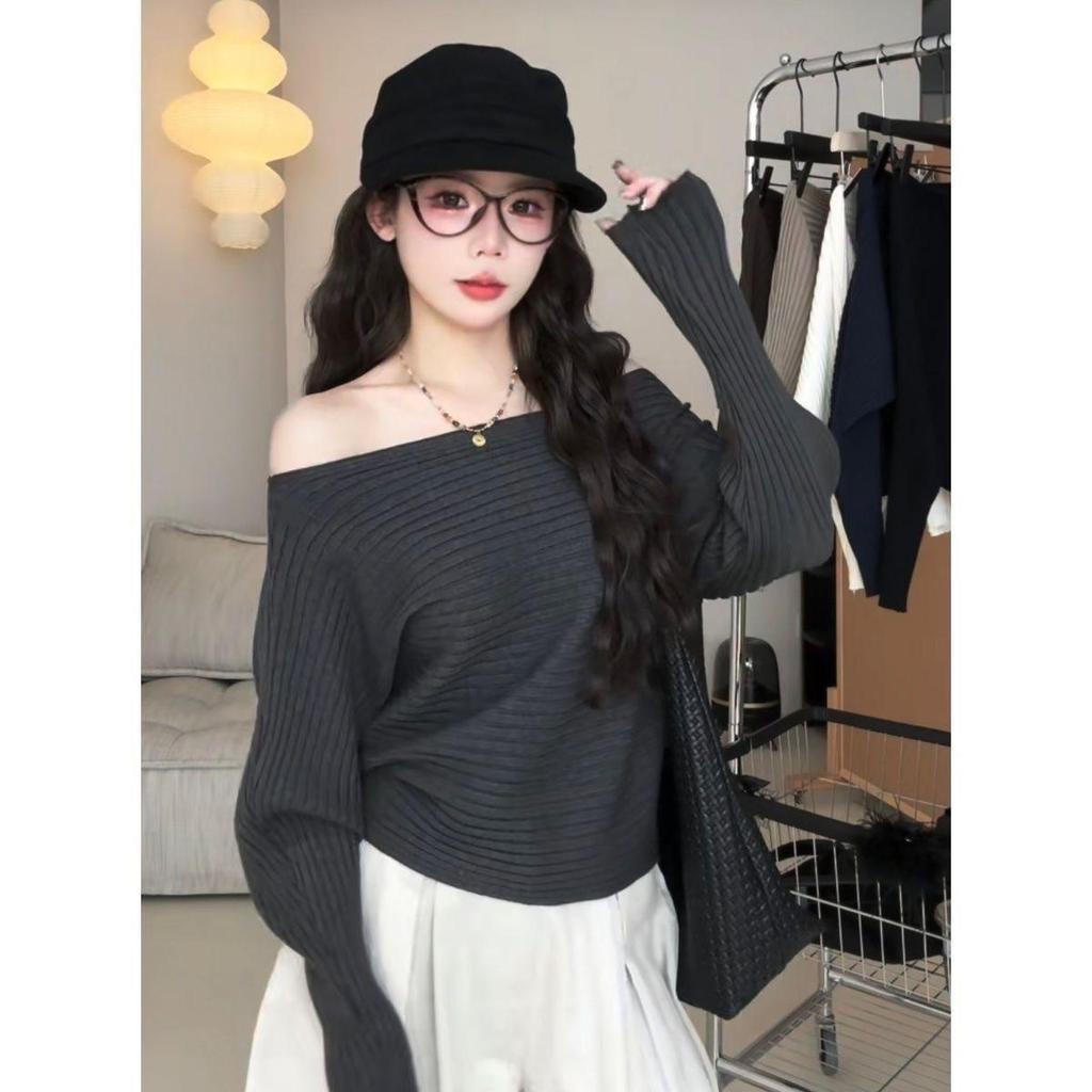 Ранняя осень Корейский сексуальный пуловер с рукавом «летучая мышь» на одно плечо