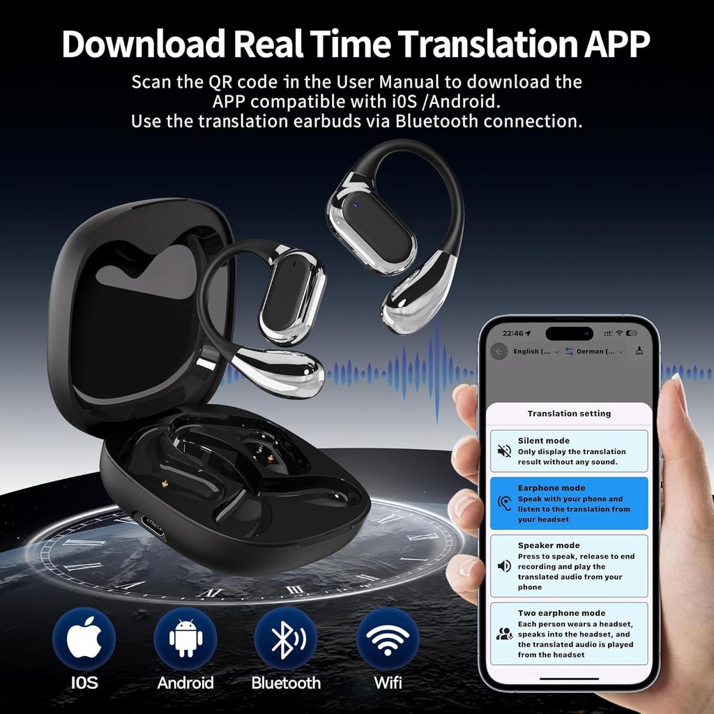 Наушники-вкладыши с функцией перевода языка с помощью искусственного интеллекта Bluetooth 5.49, переводчик для 144 языков и акцентов, сенсорные наушники для путешествий, бизнеса, обучения