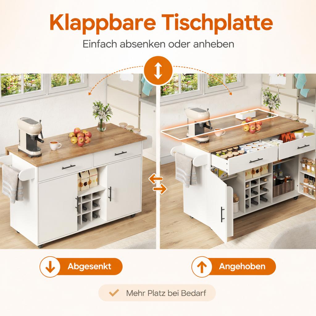 Kitchen Island with Folding Worktop, Rolling Cart, 2 Drawers, Wine & Spice Rack, Towel Holder, Space-Saving Design for Kitchen & Dining Room