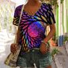 Summer V-neck 3D Retro Colorful Printed Top Fashionable Casual Short Sleeved Women's T-shirts
