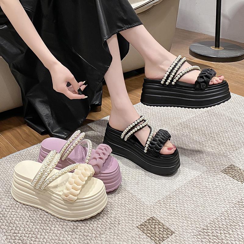 Fashion 9CM Summer Casual High Platform Sandals Women Buckle Strap Slippers Thick Bottom Pearl Sandalias Woman Chunky Beach Shoes Mujer