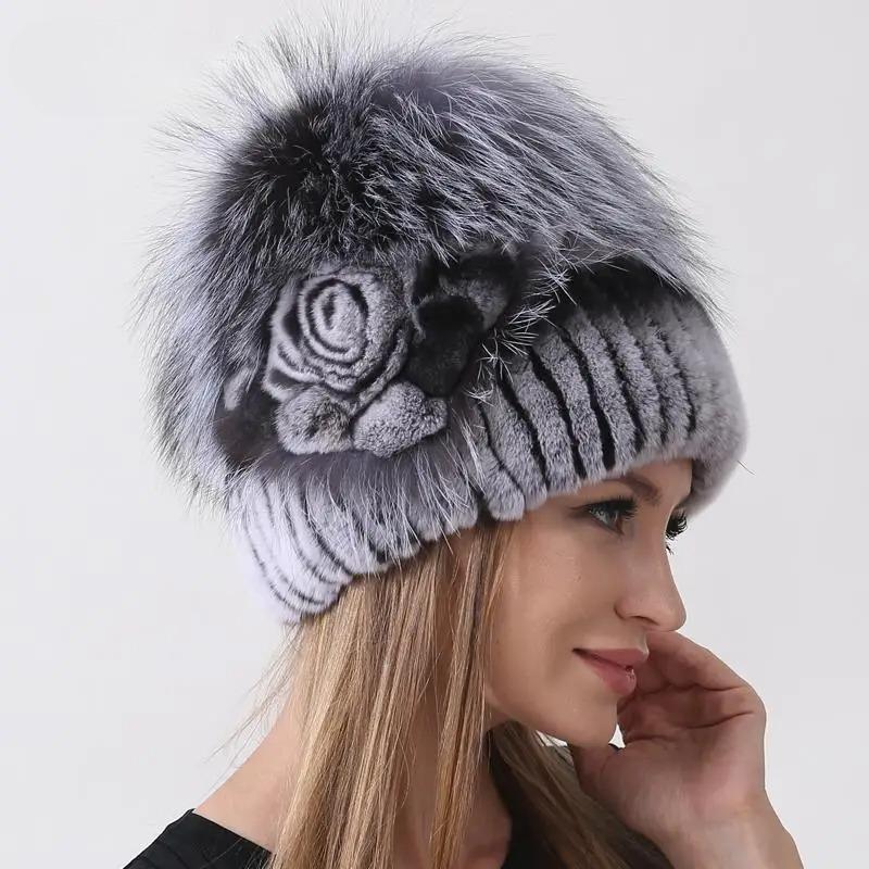Natural Fluffy Fox Rabbit Fur Hats for Women Winter Knit Floral Striped Elastic Stylish Fashion Warm Thick Outdoor Skull Beanie