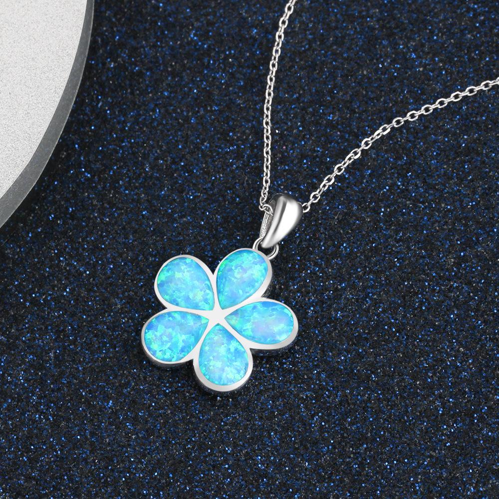 Boho Fashion Flower Pendant Necklace for Women Girl Charm Blue Imitation Opal Necklace Trendy Wedding Party Jewelry