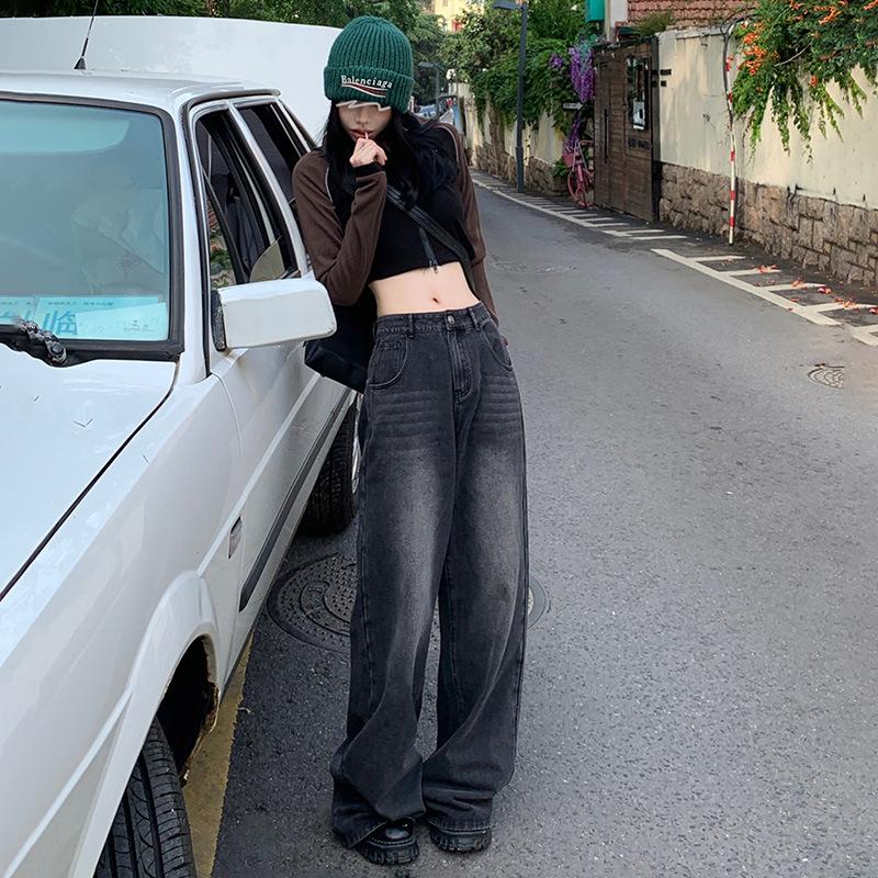 American retro wide-leg pants spring black and gray loose drape floor mopping high-waisted straight jeans women's high street