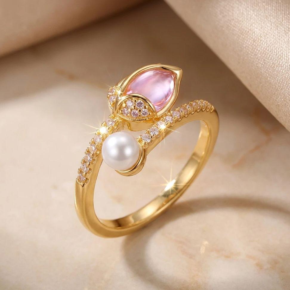 Elegant Tulip Flower Imitation Pearl Rings for Women Light Luxury Inlaid Cubic Zirconia Finger Ring Wedding Party Charm Zircon