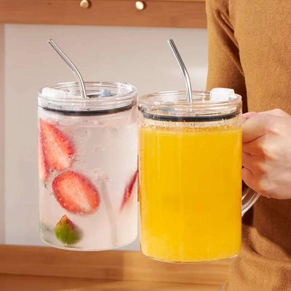 Transparent Glass Tumbler with Lid and Straw Drinking Glass Mug Glass Water Cup  Summer