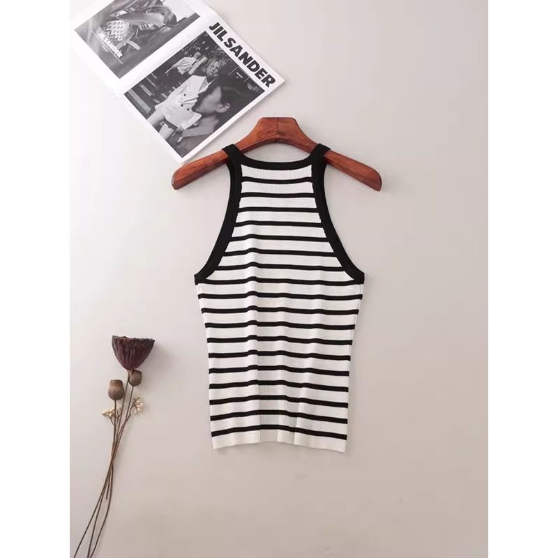 C's Narrow Shoulder Halterneck Stripes Vest Export Accessible Luxury High Elastic Silm Slimming Knitted Sling Tops Women